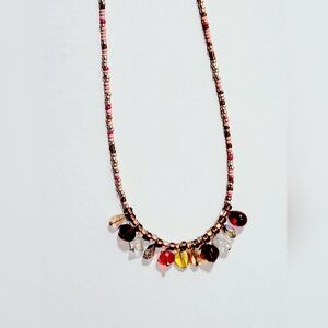 Pink and Gold Handmade Beaded Necklace with Multicolor Charms